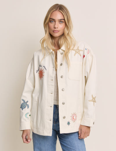 Cream Embroidered Denim Shacket