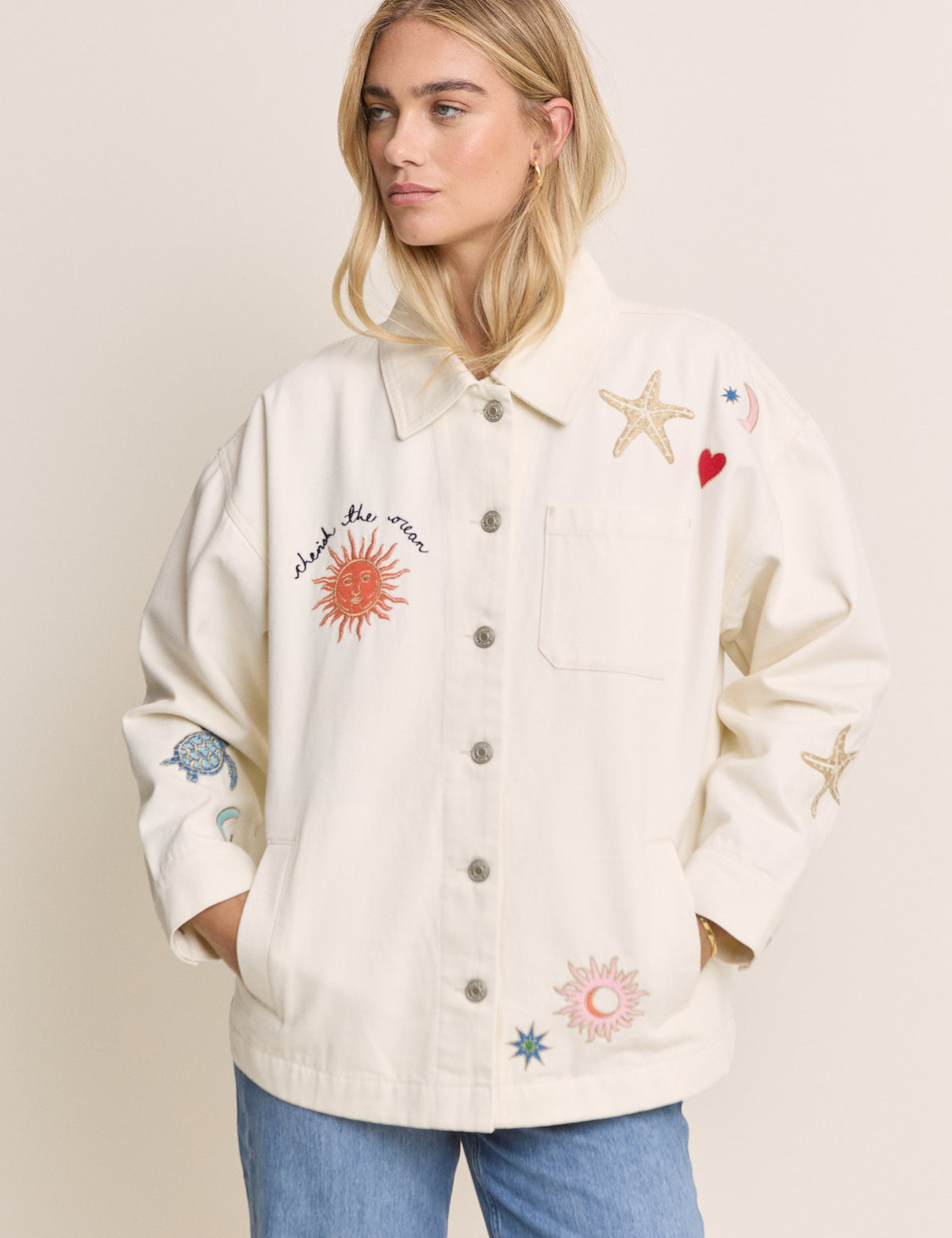 Cream Embroidered Denim Shacket