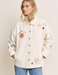 Cream Embroidered Denim Shacket