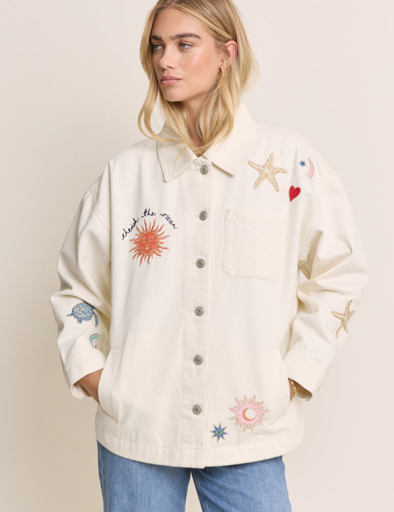 Cream Embroidered Denim Shacket