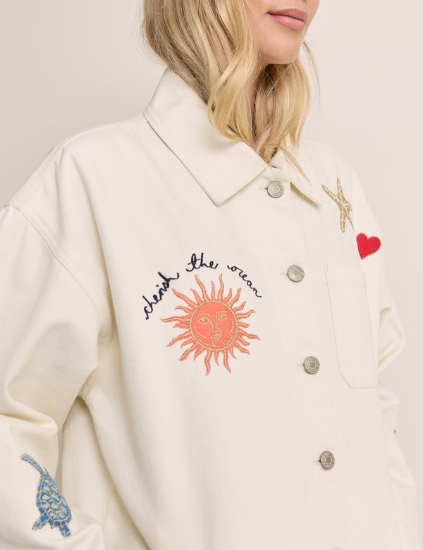 Cream Embroidered Denim Shacket
