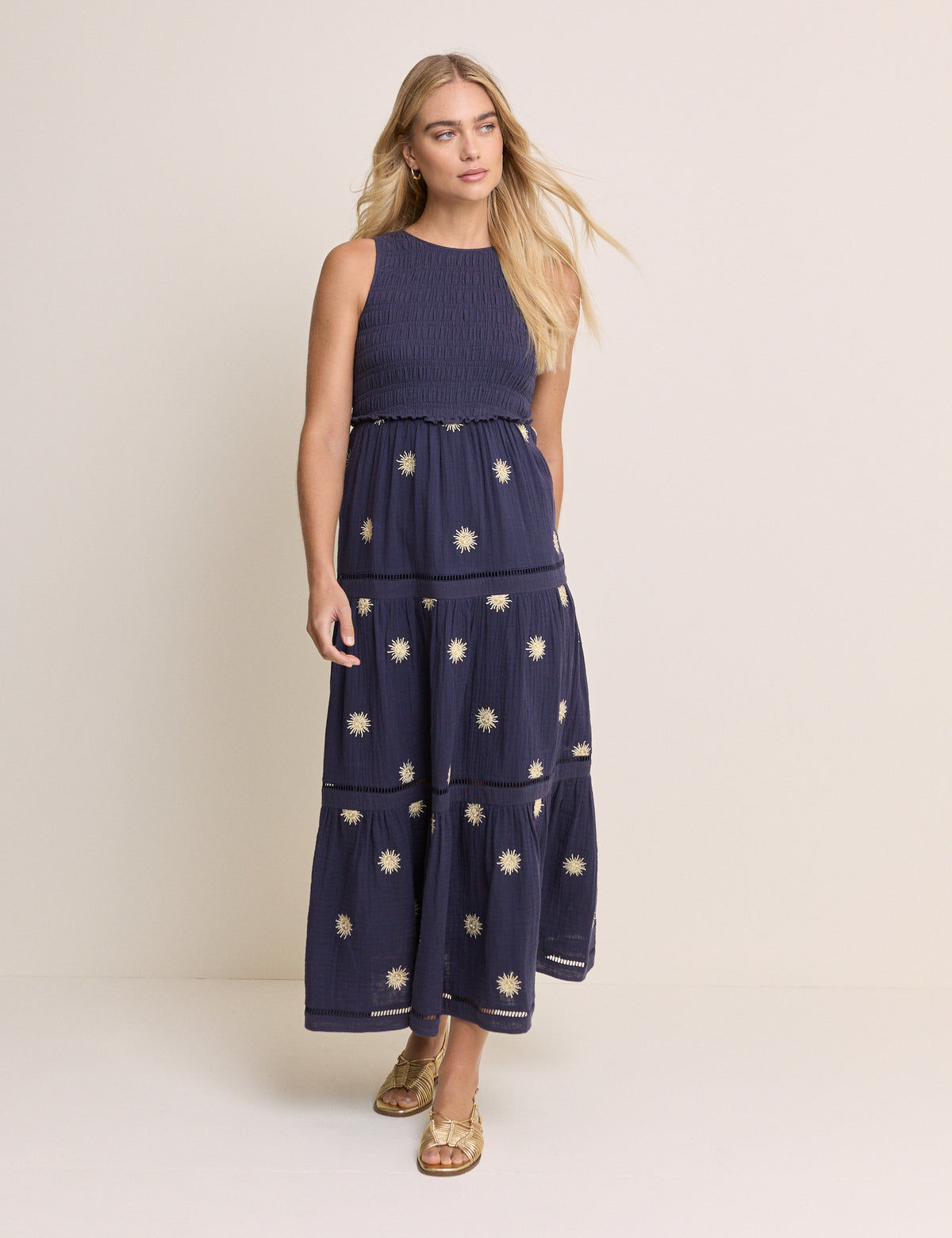 Navy Embroidered Tiered Calloway Midi Dress