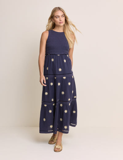 Navy Embroidered Tiered Calloway Midi Dress