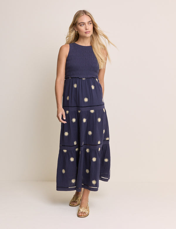 Navy Embroidered Tiered Calloway Midi Dress