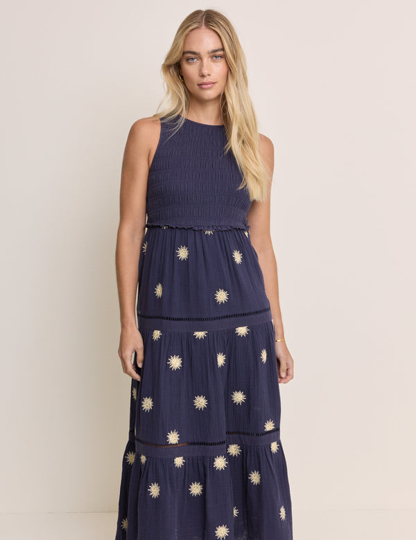 Navy Embroidered Tiered Calloway Midi Dress
