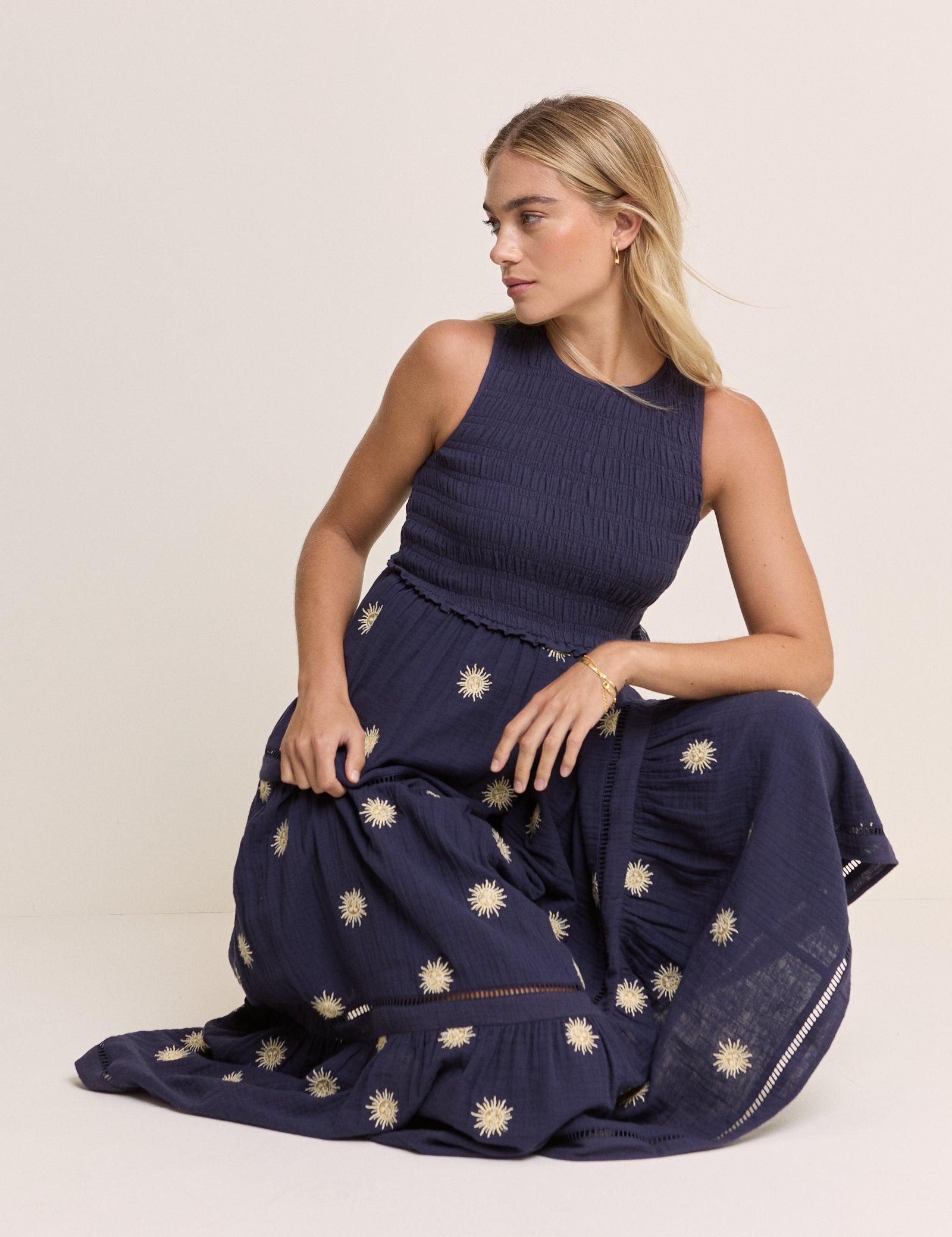 Navy Embroidered Tiered Calloway Midi Dress