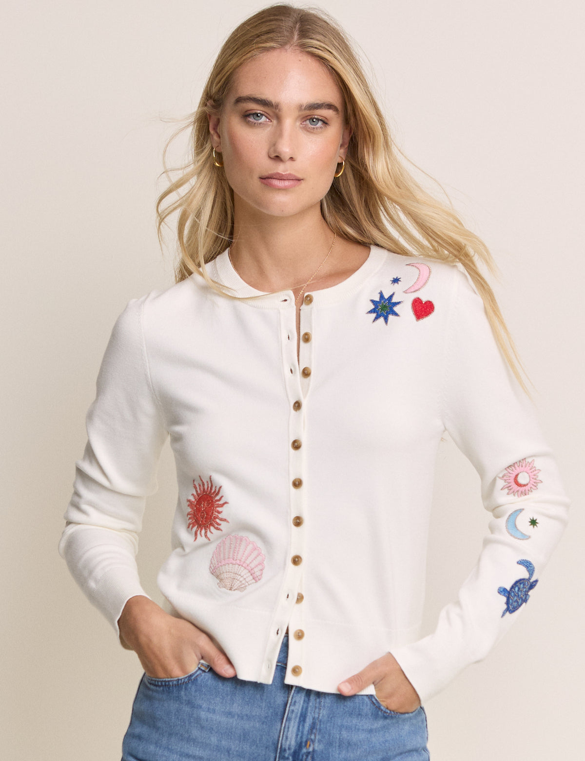 White Seascape Embroidered Cardigan