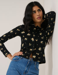 Black Floral Whipstitch Pointelle Cardigan