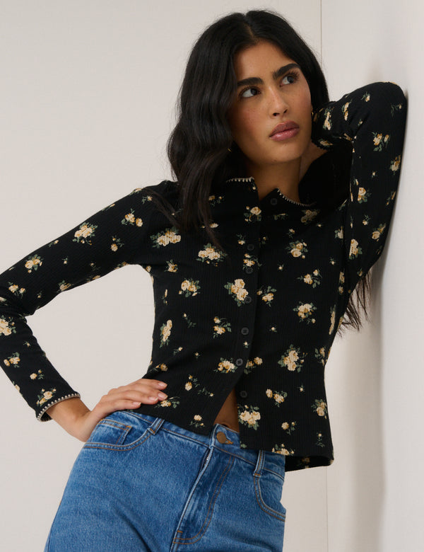 Black Floral Whipstitch Pointelle Cardigan