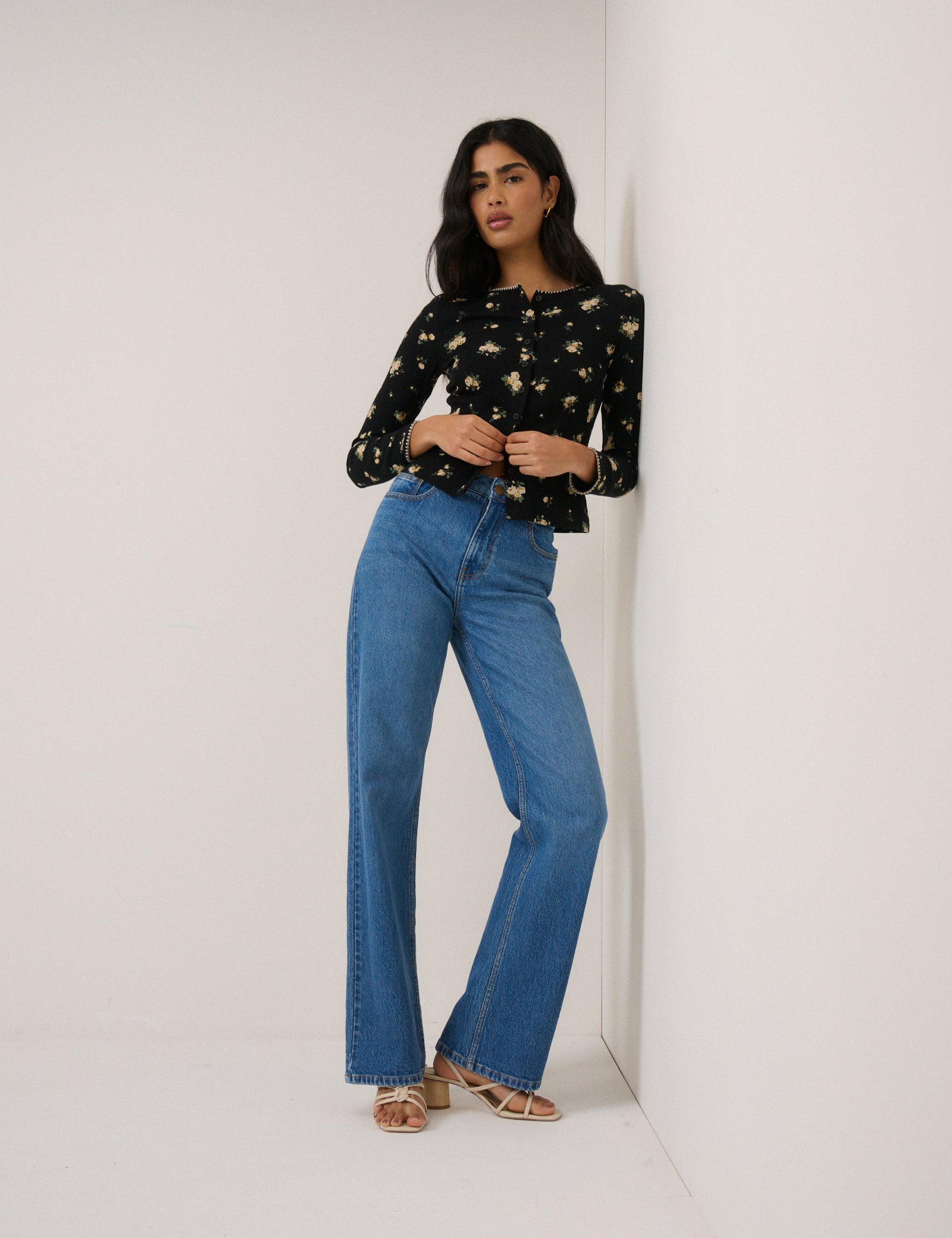 Black Floral Whipstitch Pointelle Cardigan