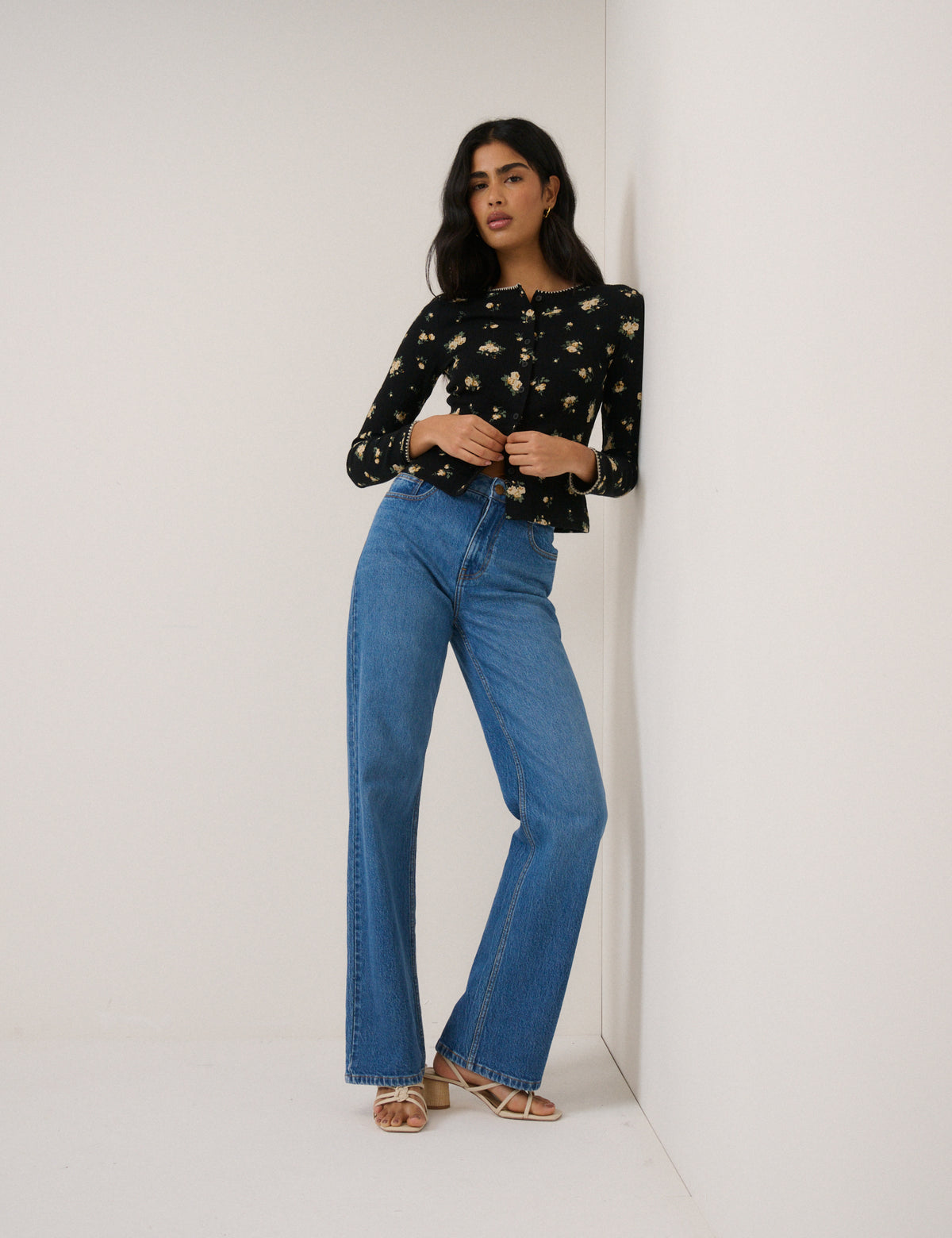 Black Floral Whipstitch Pointelle Cardigan