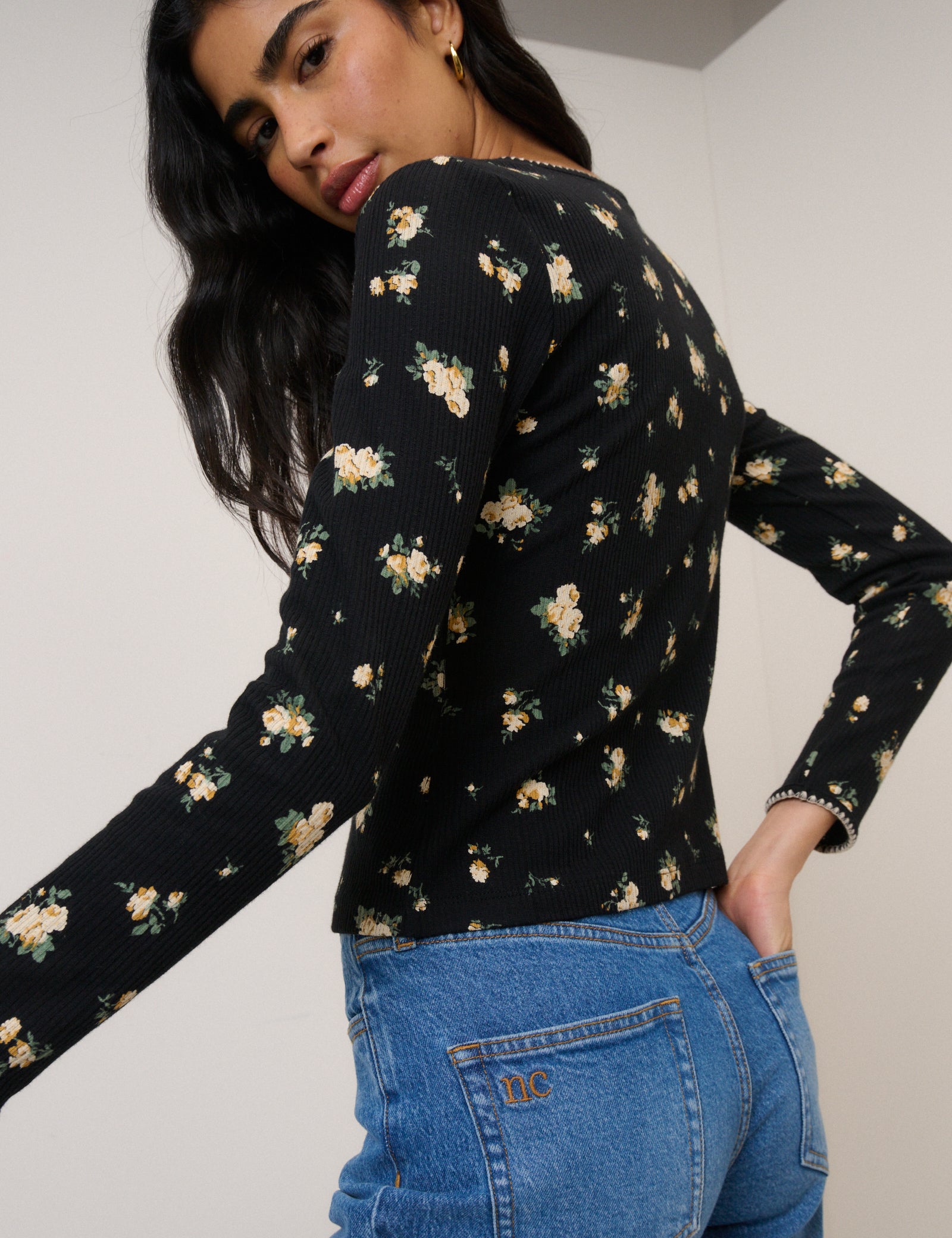 Black Floral Whipstitch Pointelle Cardigan