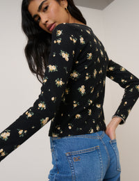 Black Floral Whipstitch Pointelle Cardigan