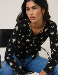 Black Floral Whipstitch Pointelle Cardigan