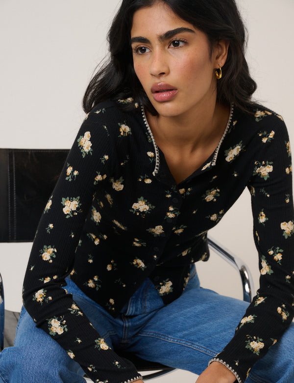 Black Floral Whipstitch Pointelle Cardigan