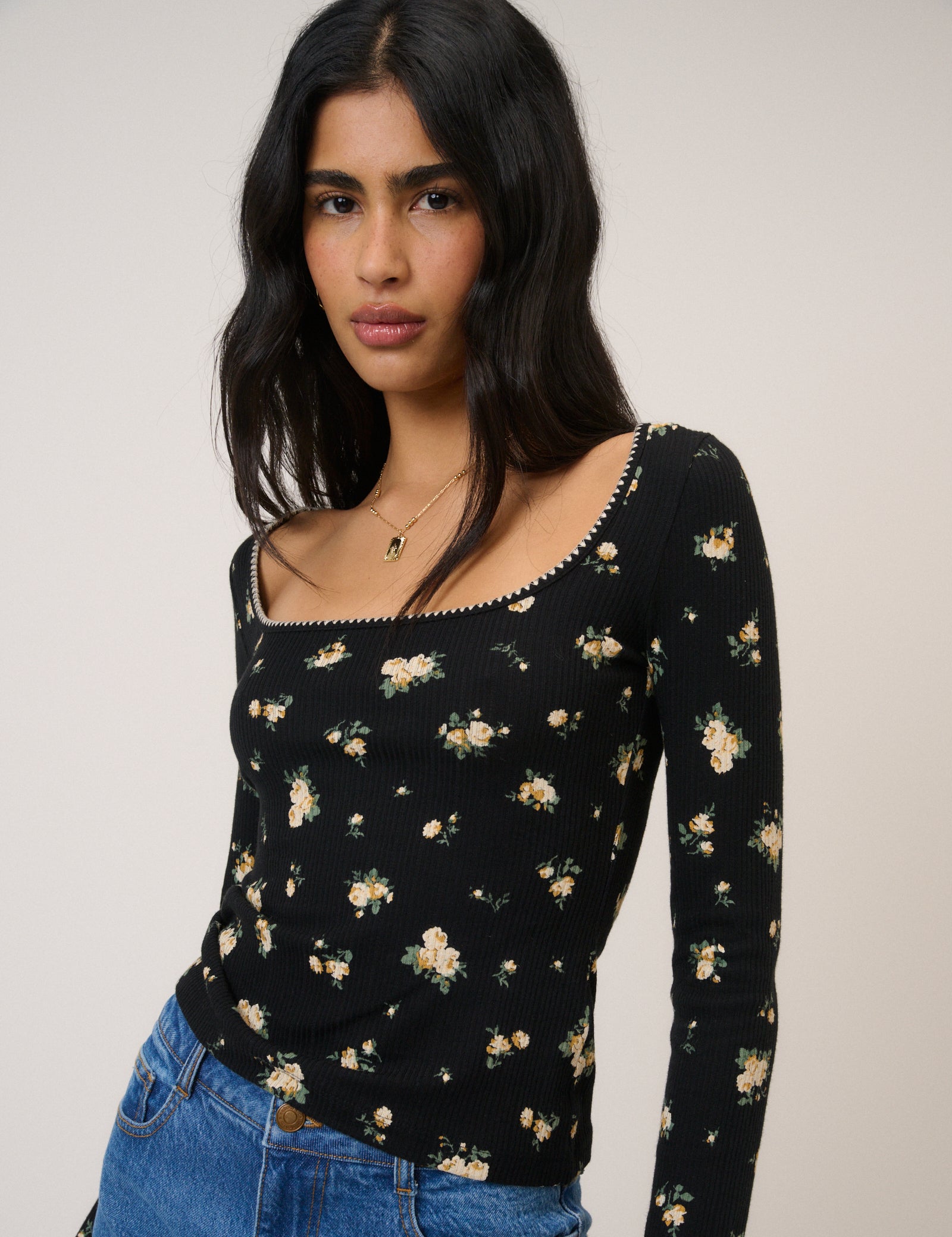 Black Floral Whipstitch Pointelle Scoop Neck Top