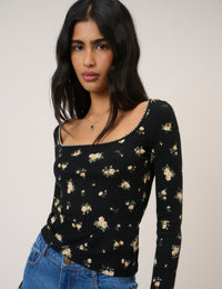Black Floral Whipstitch Pointelle Scoop Neck Top