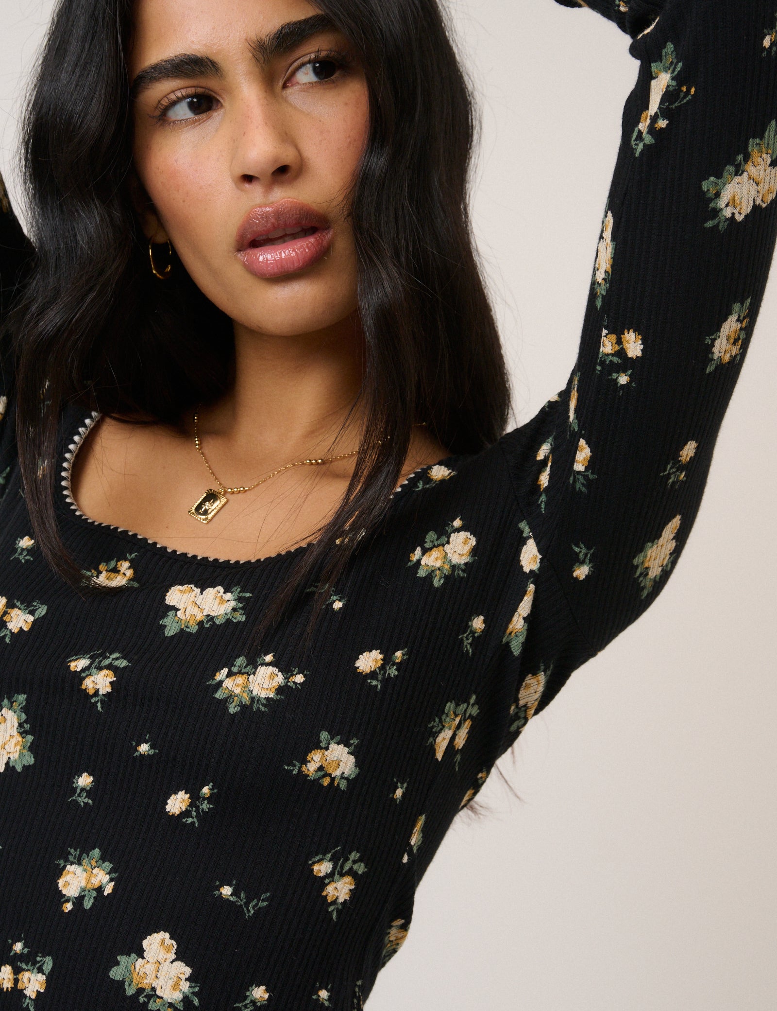 Black Floral Whipstitch Pointelle Scoop Neck Top
