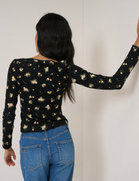 Black Floral Whipstitch Pointelle Scoop Neck Top