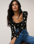 Black Floral Whipstitch Pointelle Scoop Neck Top