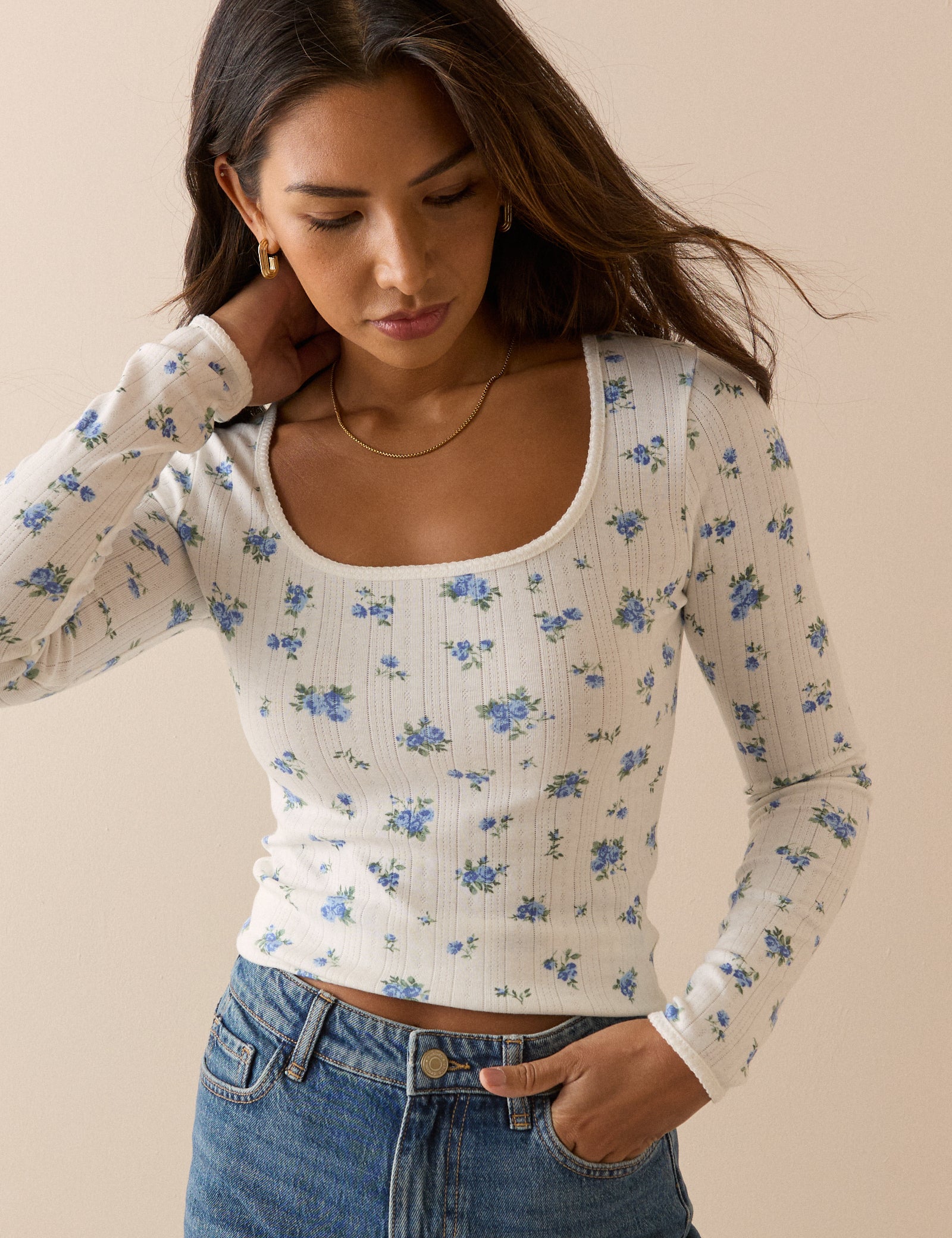 White Floral Pointelle Long Sleeve Top