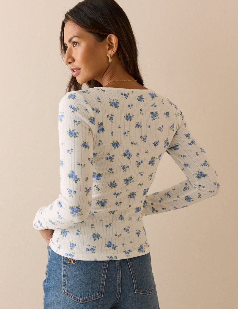 White Floral Pointelle Long Sleeve Top