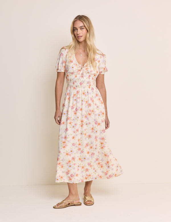 White Floral Short Sleeve Isabella Midi Dress
