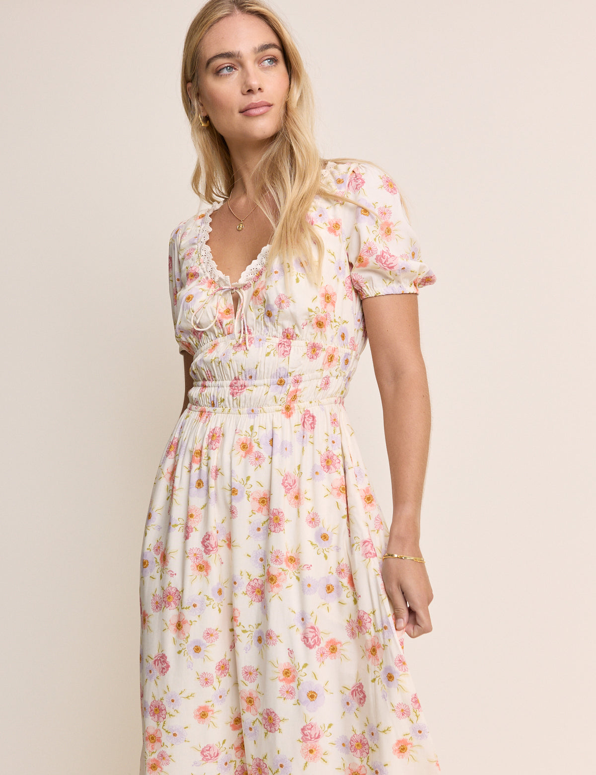 White Floral Short Sleeve Isabella Midi Dress