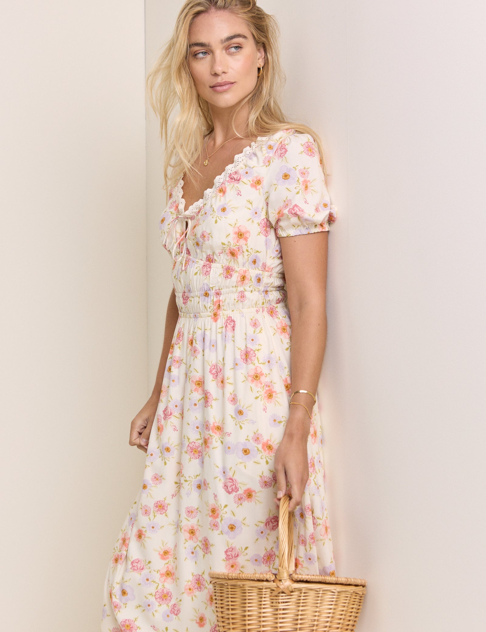 Cream Floral Shirred Sleeveless Isabella Midi Dress