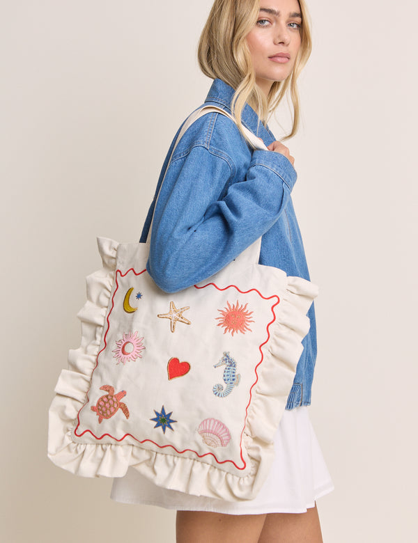 White Embroidered Frill Tote Bag
