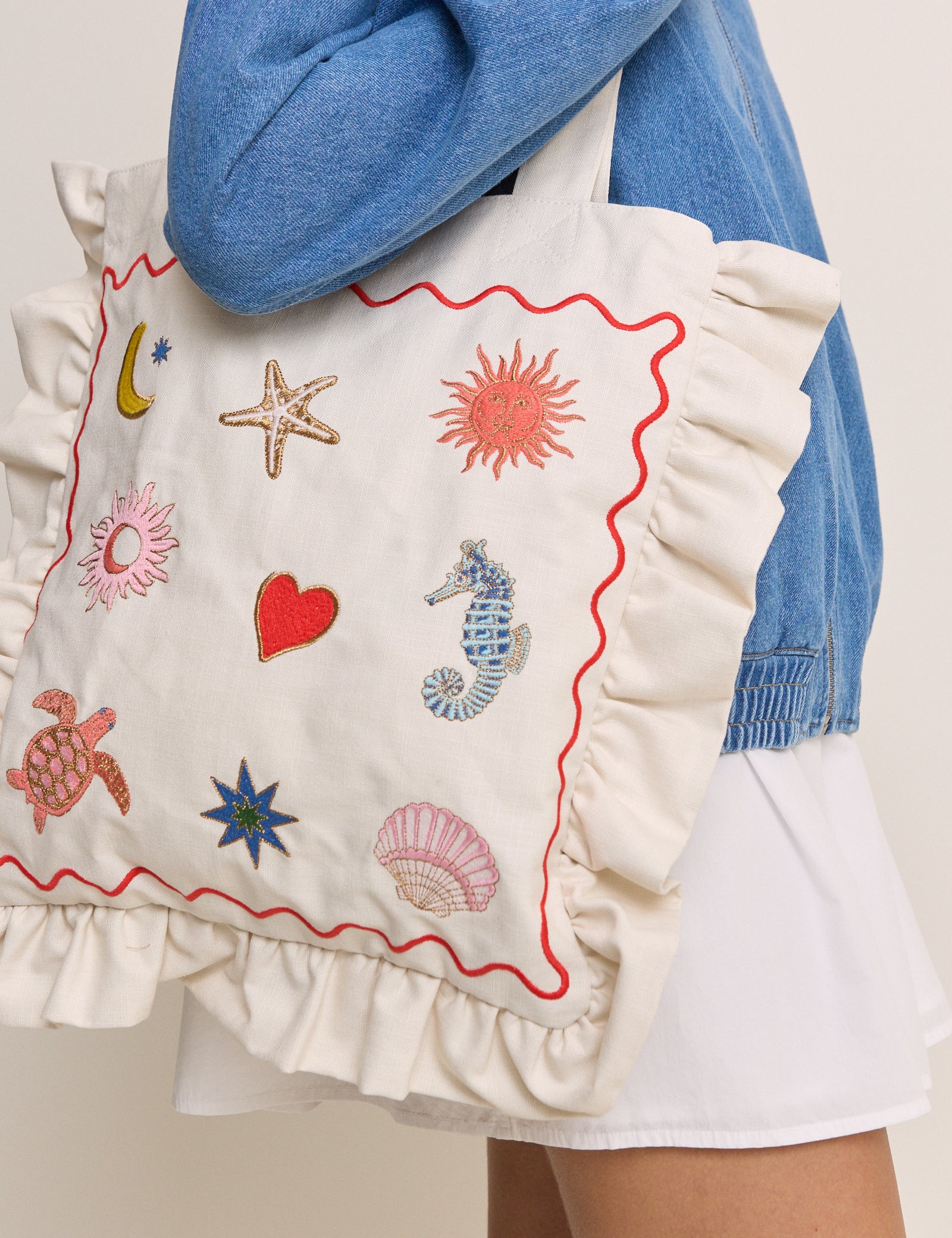 White Embroidered Frill Tote Bag