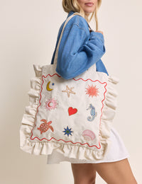 White Embroidered Frill Tote Bag