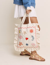 White Embroidered Frill Tote Bag