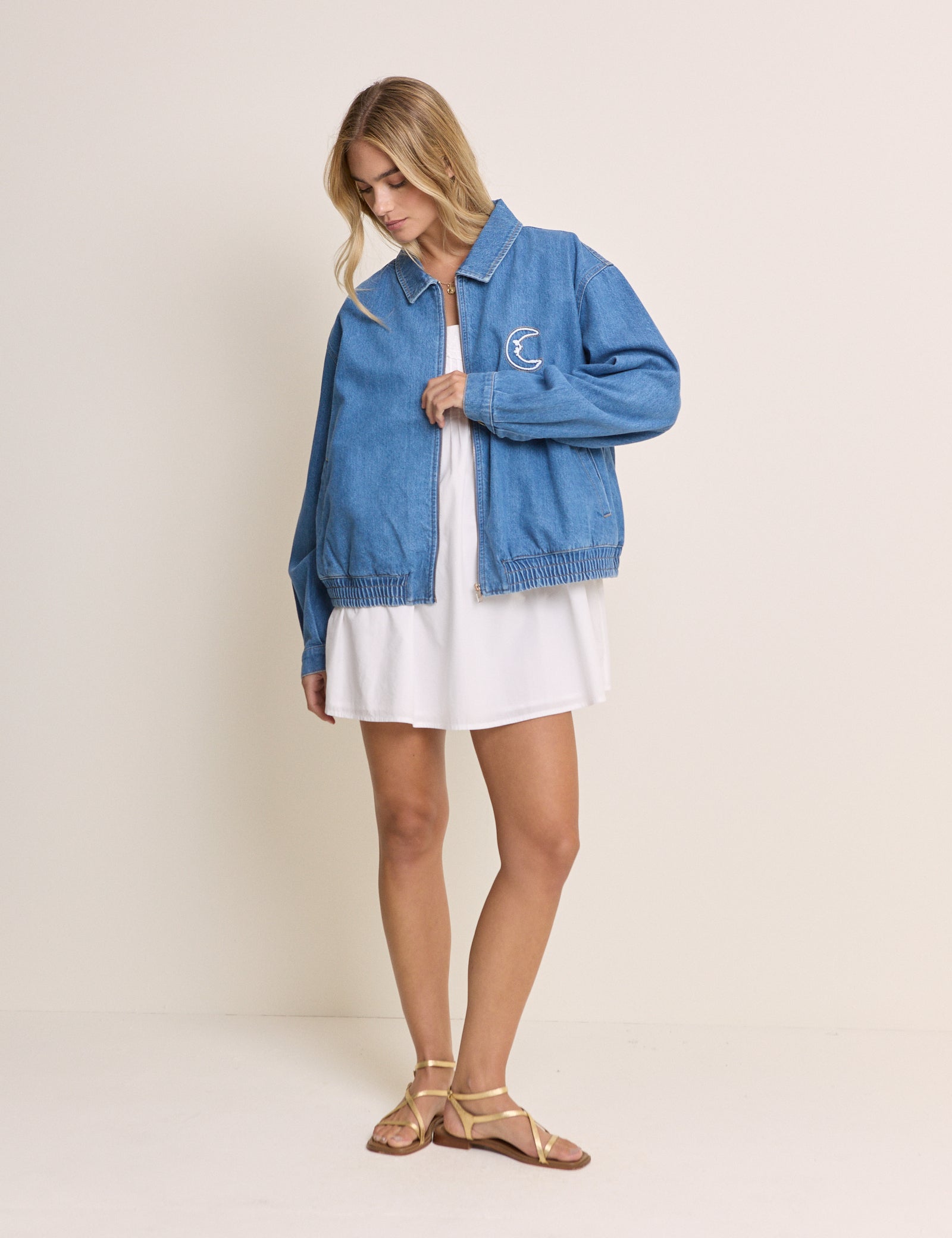 Mid Wash Embroidered Bomber Jacket