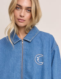 Mid Wash Embroidered Bomber Jacket