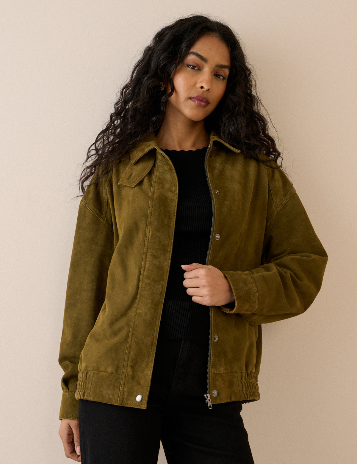 Khaki Funnel Neck Suede Bomber Jacket