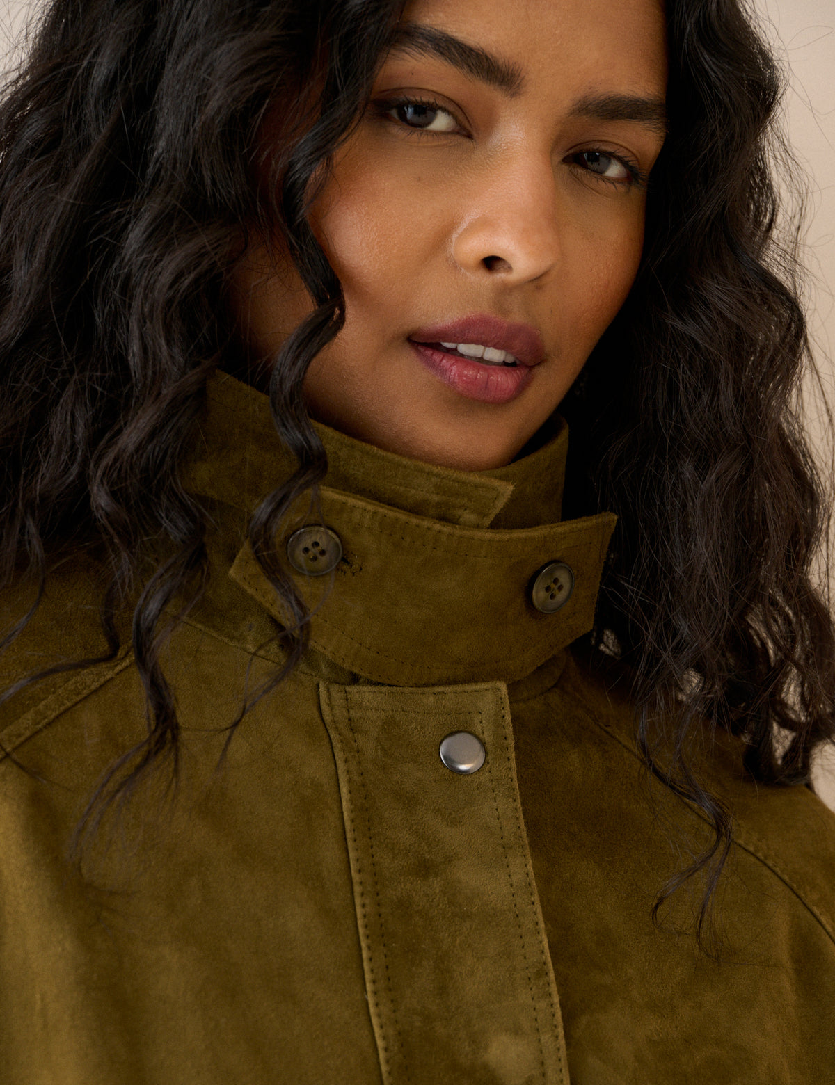 Khaki Funnel Neck Suede Bomber Jacket