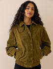 Khaki Funnel Neck Suede Bomber Jacket