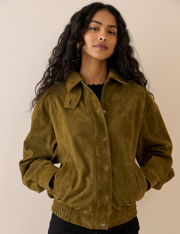 Khaki Funnel Neck Suede Bomber Jacket