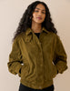 Khaki Funnel Neck Suede Bomber Jacket