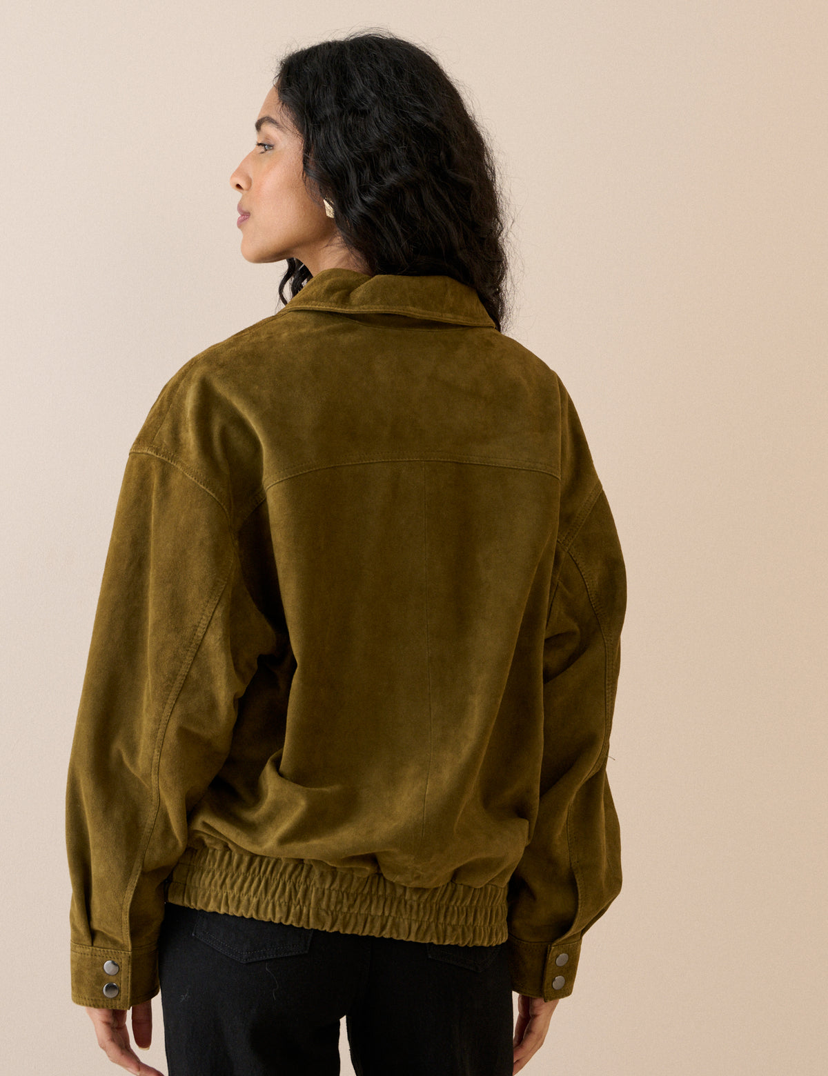 Khaki Funnel Neck Suede Bomber Jacket