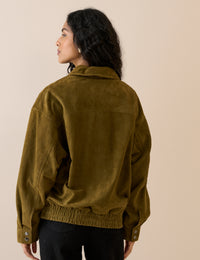 Khaki Funnel Neck Suede Bomber Jacket