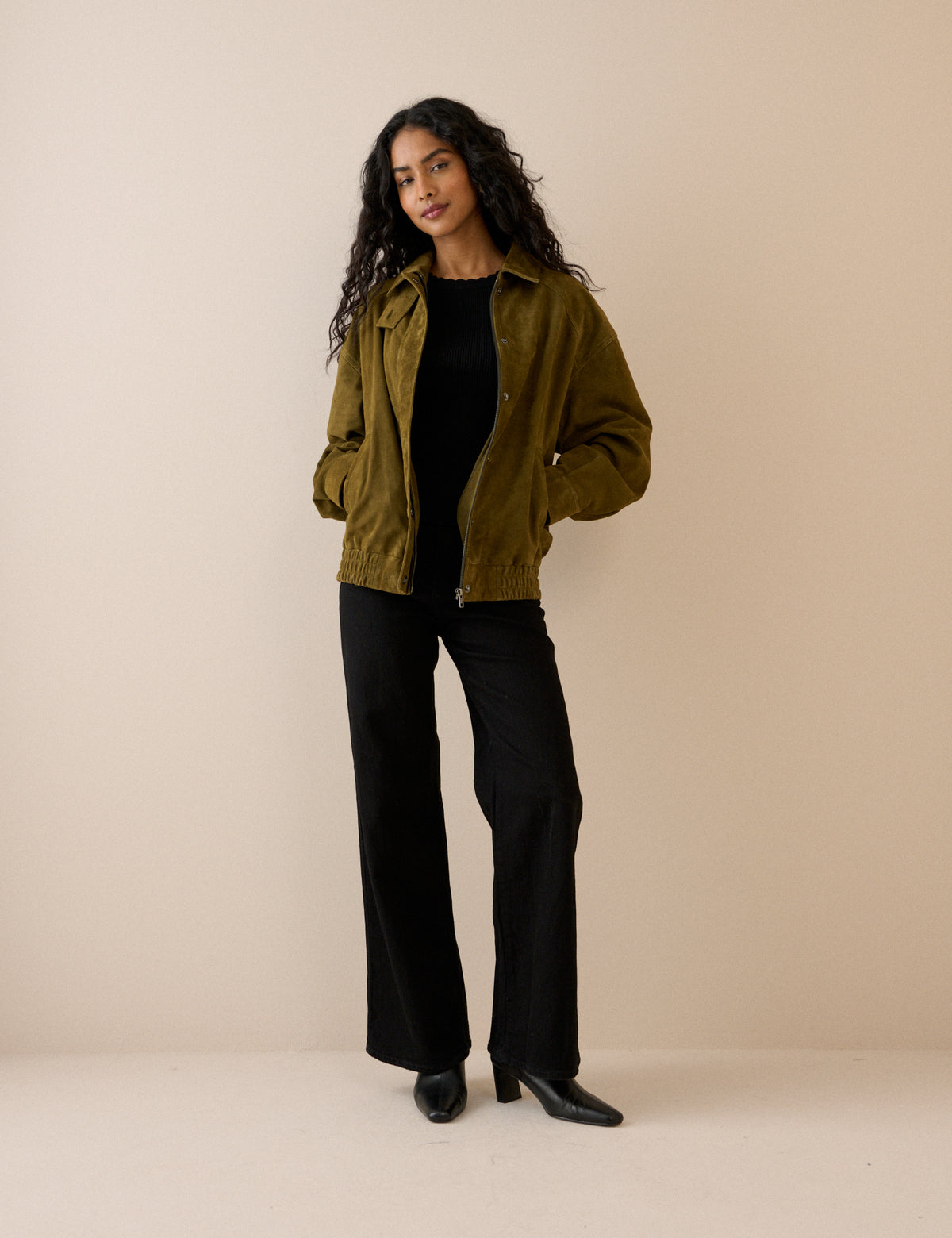 Khaki Funnel Neck Suede Bomber Jacket