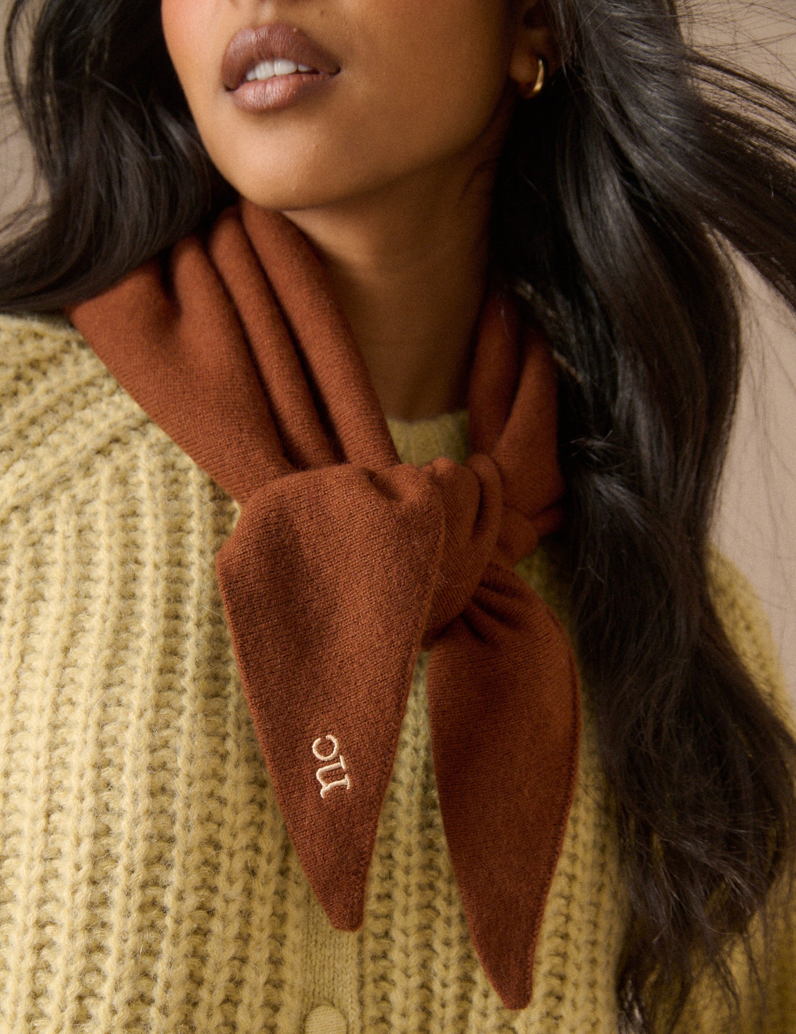 Brown Embroidered Small Triangle Scarf