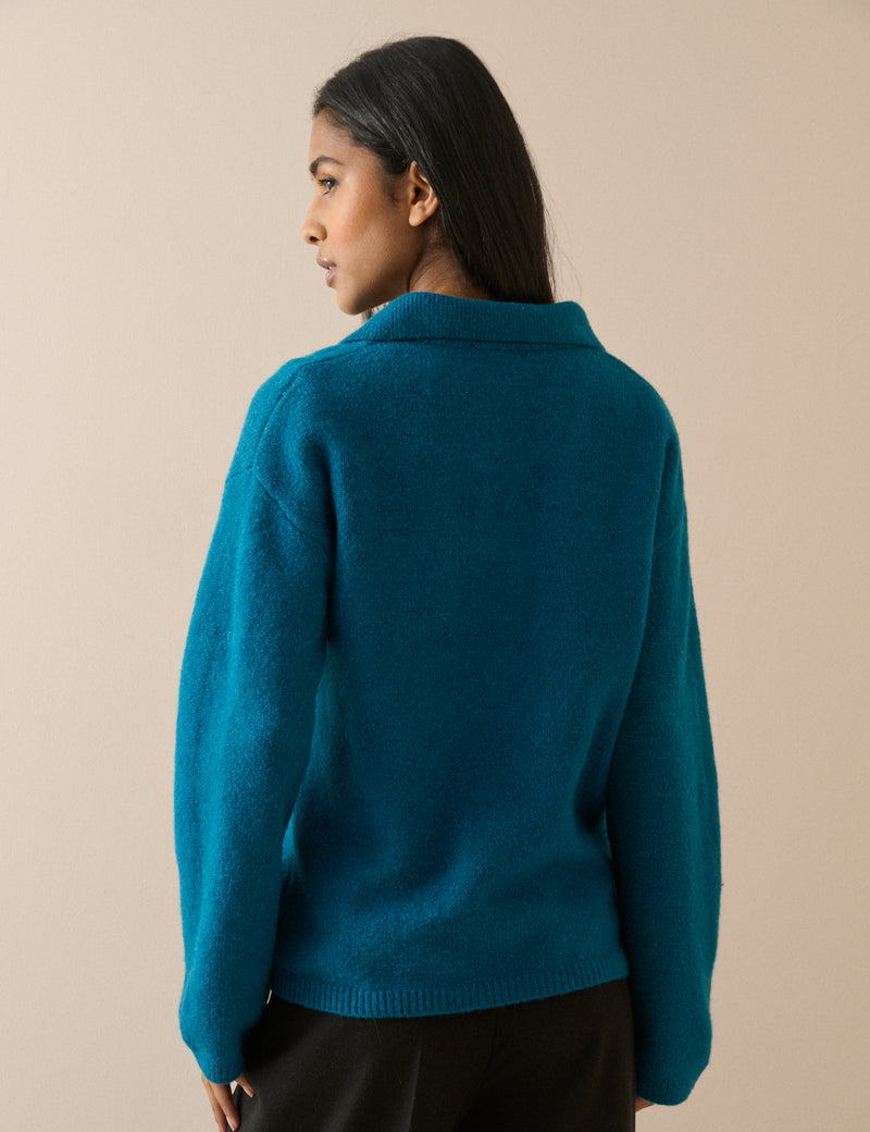 Blue Collared V-neck Knitted Jumper