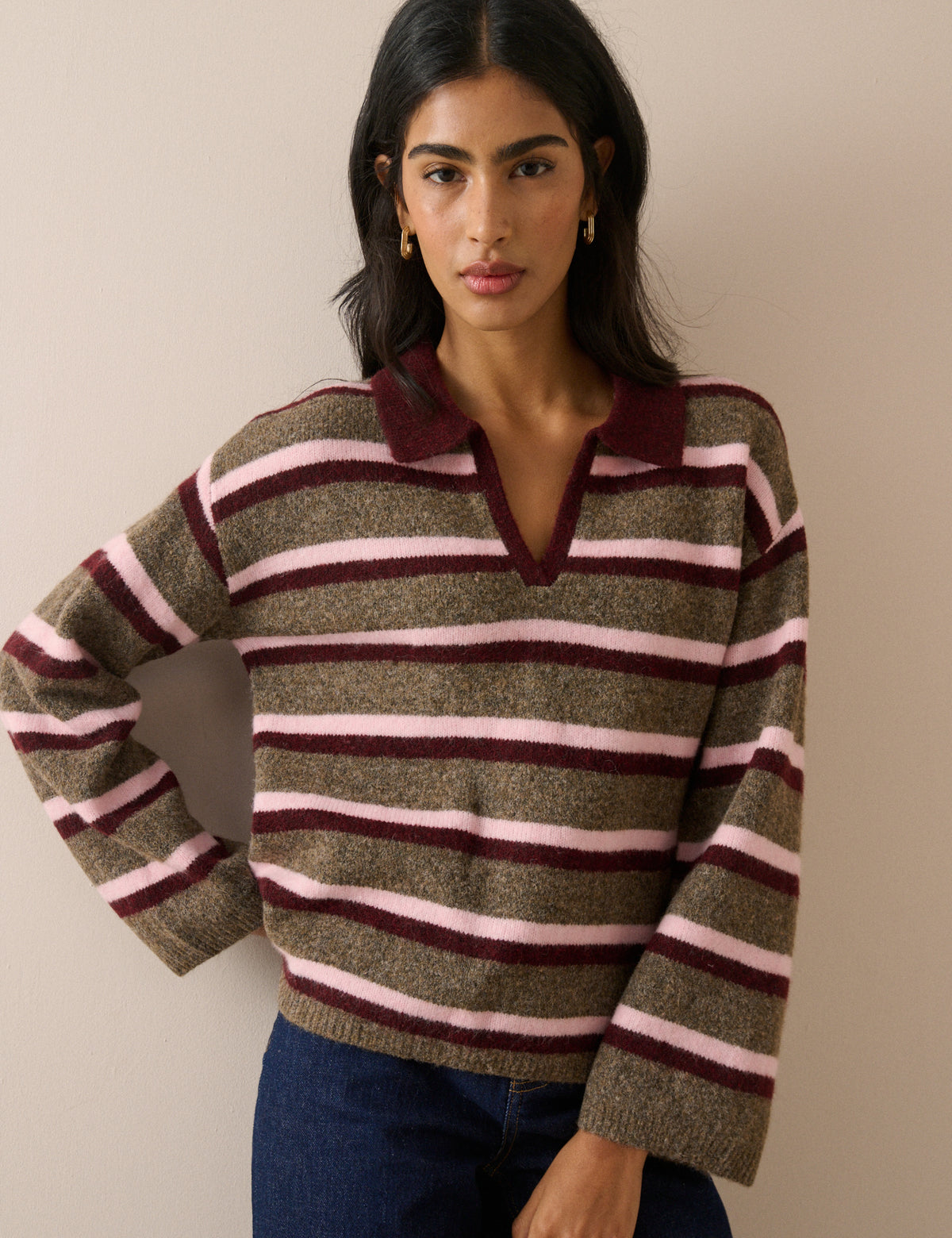 Brown Striped V-neck Collared Jumper