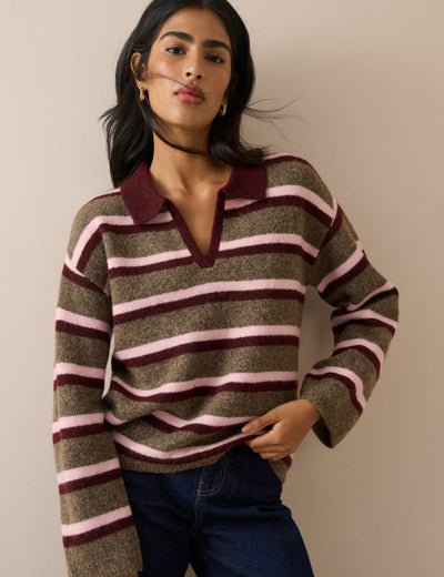 Brown Striped V-neck Collared Jumper