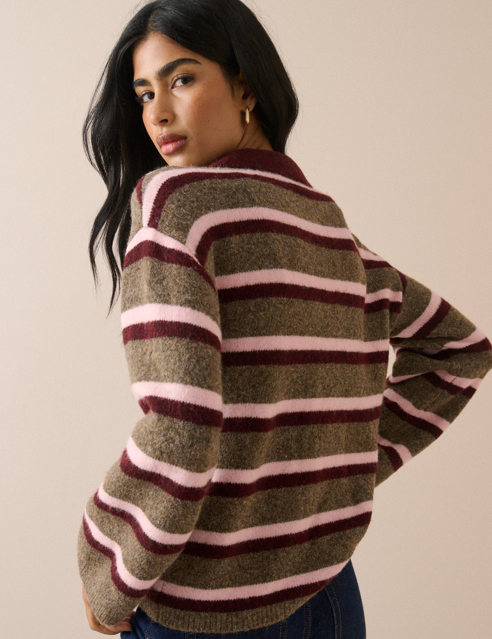 Brown Striped V-neck Collared Jumper