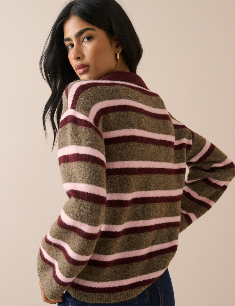 Brown Striped V-neck Collared Jumper