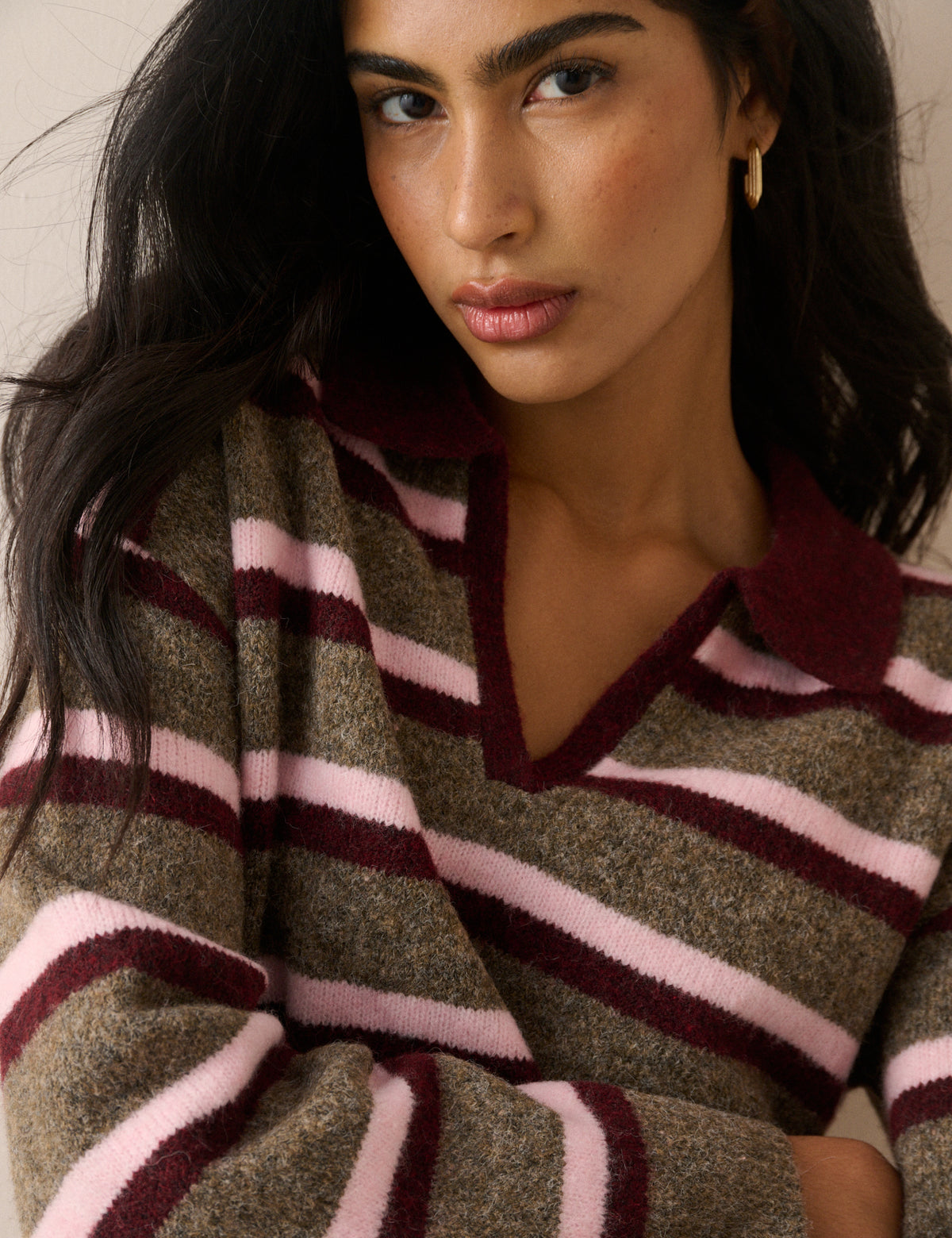 Brown Striped V-neck Collared Jumper